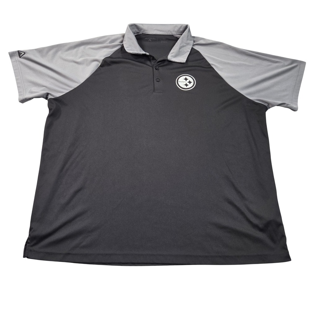 Pittsburgh Steelers Polo Shirt Mens 2XL Black Grey Raglan Golf Top Antigua